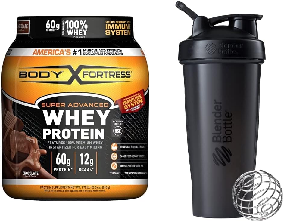 Kropp Festning Super avansert Whey Protein pulver, sjokolade (1,78 lbs) og BlenderBottle Classic Shaker Flaske (28 oz), svart