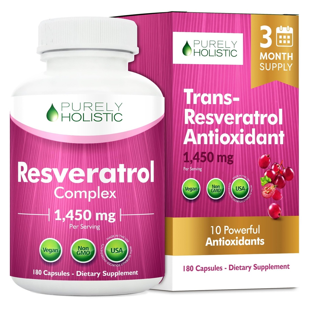 Rent Holistisk Resveratrol 1450mg, 90 Serveringer, Trans-Resveratrol Antioksidant Supplement med vitamin C og polyfenol kompleks, 180 Vegan kapsler