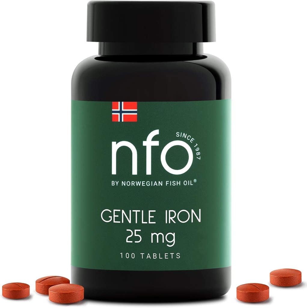 NFO Gentle Iron [100 Tabletter] Norsk høyabsorpsjon jernkompleks med patentert Ferrochel Chelated jern, Gentle på magen, vegansk-vennlig, ikke-konsisterende