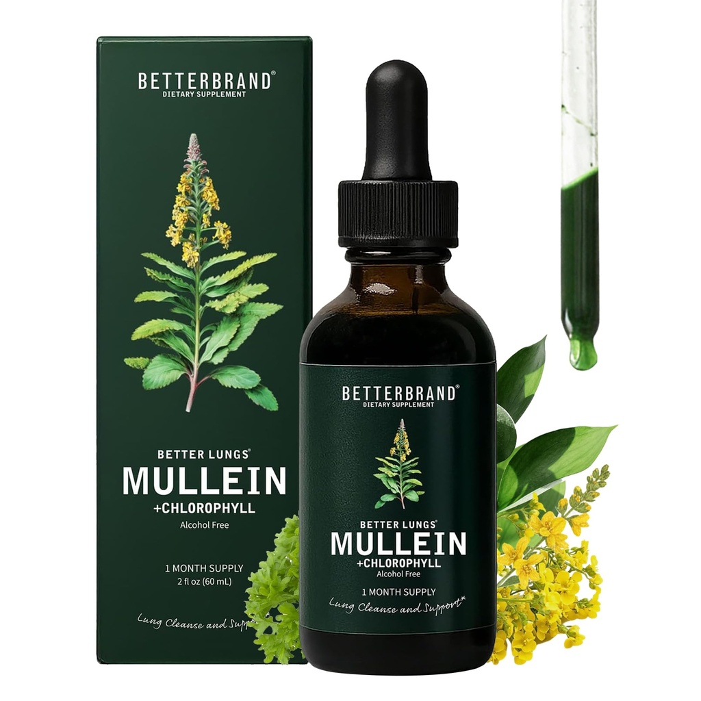 Bedrebrand Mullein Drops for Lung Detox - Mullein Leaf Tinktur med klorofyll - Hjelper støtte pustende helse, alkoholfri, 1 måneds forsyning - 60 ml
