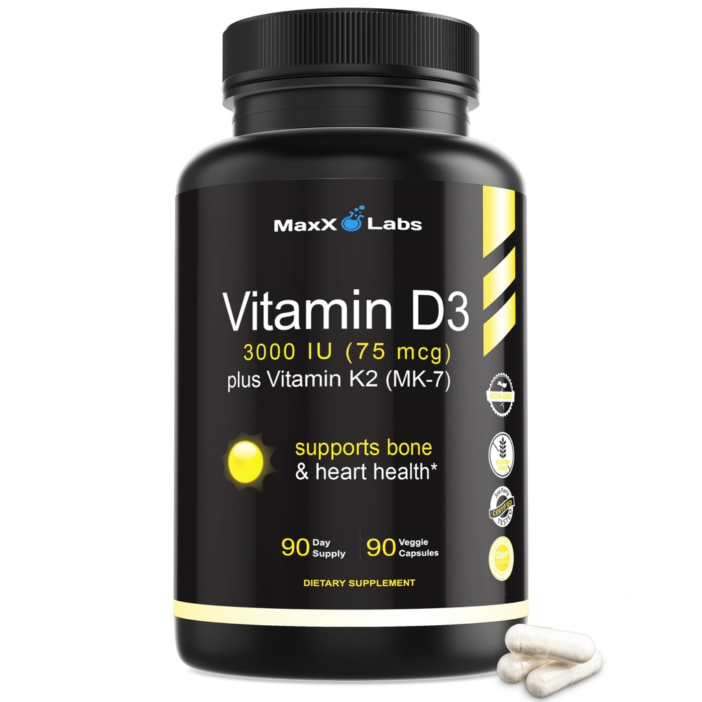 Vitamin D3 K2 3000 IU - med vitamin K som MK-7 fra Natto - høy potens vitamin D Supplement Støtte Sunn bein, tenner, hjerte og immunfunksjon, Glutenfri - 90 kapsler