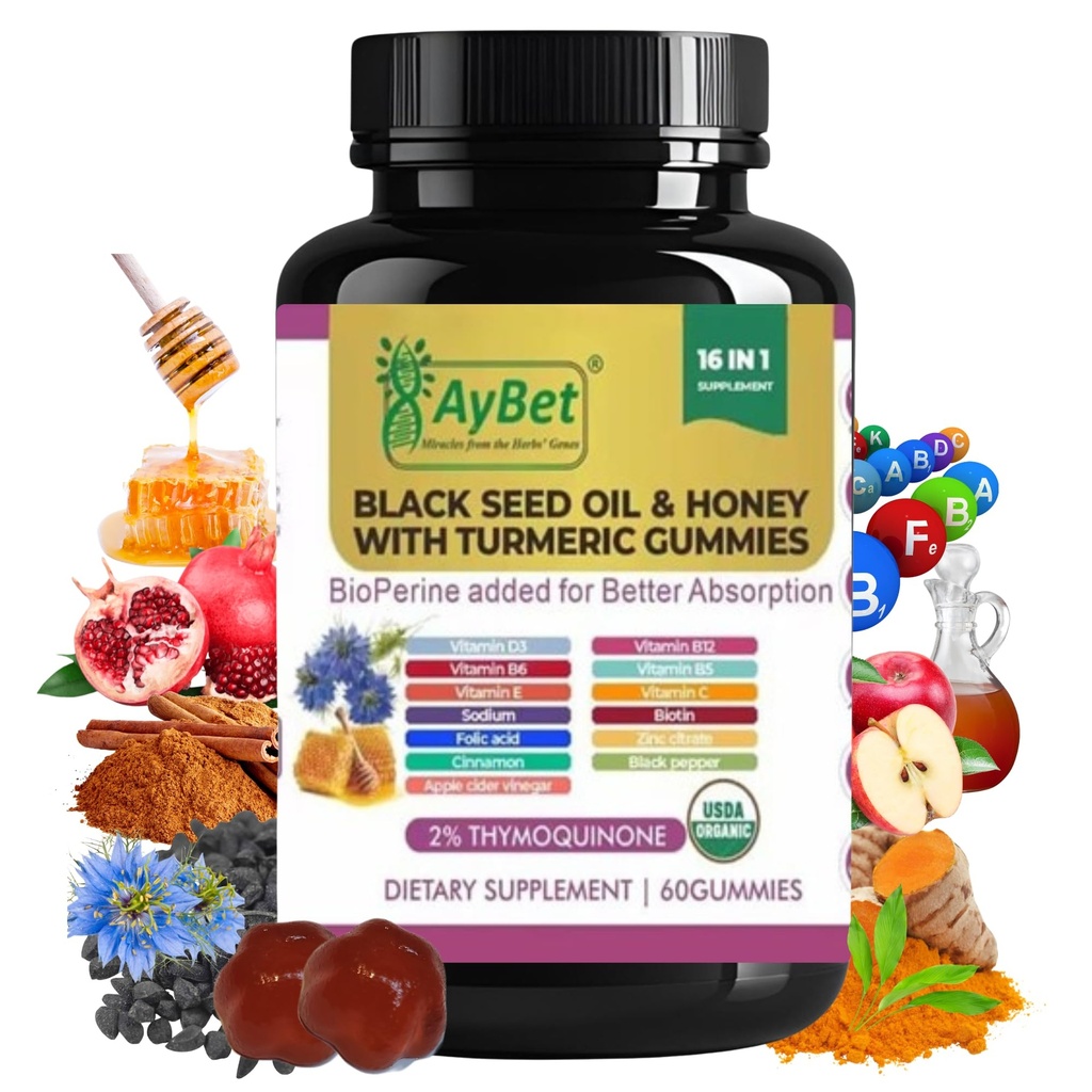 Svart Seed Olje & Honning med gummier med BioPerine, Apple Cider Vinegar, Biotin, Sink & vitaminer C D3 B12 – Immune, Detox, Energi og hår Nagler Støtte – 60 Vegan, Halal, Organic Gummies
