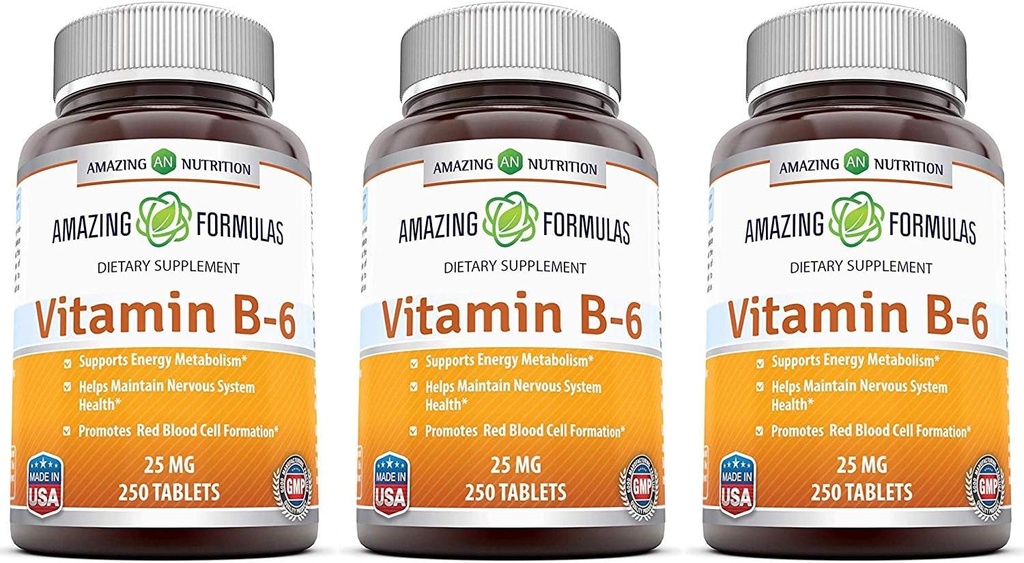 Amazing Formler Vitamin B6 Pyridoxin 25mg 250 Tabletter Supplement | Ikke-GMO | Glutenfri | laget i USA (3 Pack)