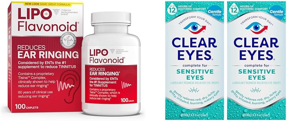 Lipo-Flavonoid Tinnitus Relief øre Helse Vitaminer 100 Caplets & Clear Eyes Sensitive Øyedråper 0,5 Oz 2 Pack Bundle