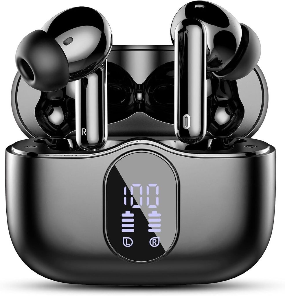 Trådløse ørepropper, Bluetooth 5,4 hodetelefoner Bass Stereo, ørepropper med støy som kansellerer Mic LED-skjerm, IP7 Vanntett i øretelefoner, 36H-spilltid for bærbare pad-telefoner Sports Trening, Svart