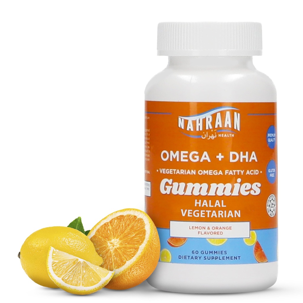 Halal Omega 3 for voksne og barn - Omega 3 vegetariske gummier med sitron og oransje flavor - voksne og barn gummier - 60 greve