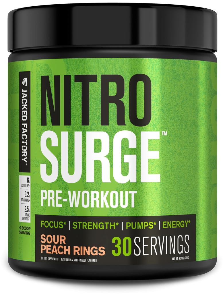 Jacked Factory NITROSURGE Pre Workout Supplement - Endless Energy, Instant Strength Gains, Clear Focus, Intense Pumper - Ingen Booster & Kraftig Preworkout Energipulver - 30 Serveringer, Sour Peach Ringer