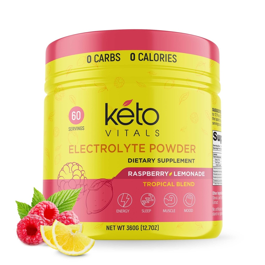 Keto Vitals Electrolytes pulver - Sukkerfri Keto Electrolytes pulver med kalium, magnesium, natrium, og kalsium - Ingen sukkerelektrolyte drikk blanding & hydrasjon pulver, 60 serveringer, bringebær lemonade