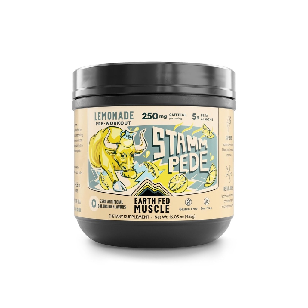 Jorden Fed Muscle Stammpede Pre Trening pulver, Lemonade Flavor, 250 mg Koffein pulver, 5g Beta Alanine, Citrullin, Taurin & Tyrosin, Gluten & sukker gratis pre trening, keto vennlig, 26 serveringer
