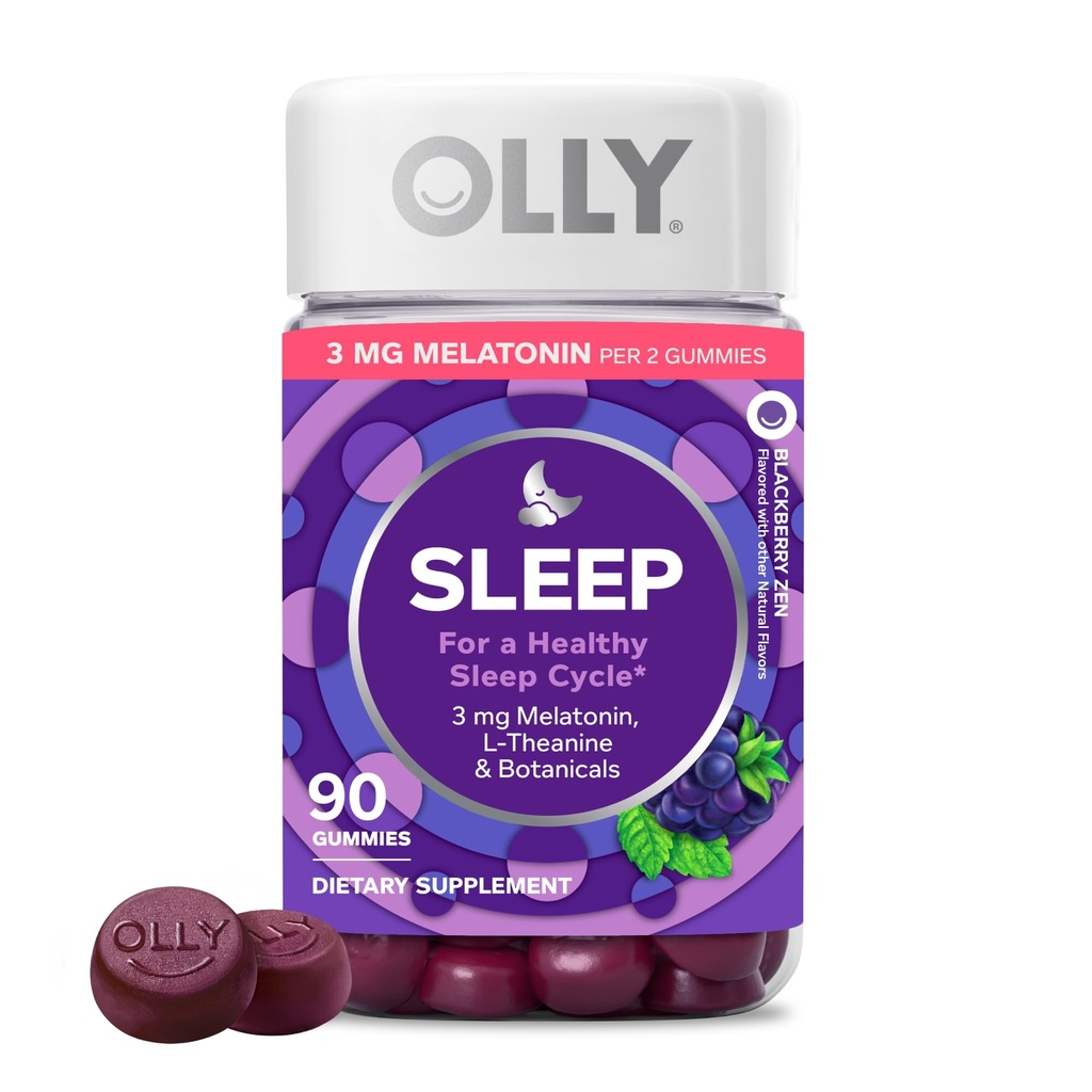 OLLY Sleep Gummy, 3 mg Melatonin, L-Theanine, Kamille, Lemon Balm, søvnhjelp, BlackBerry, 90 greve