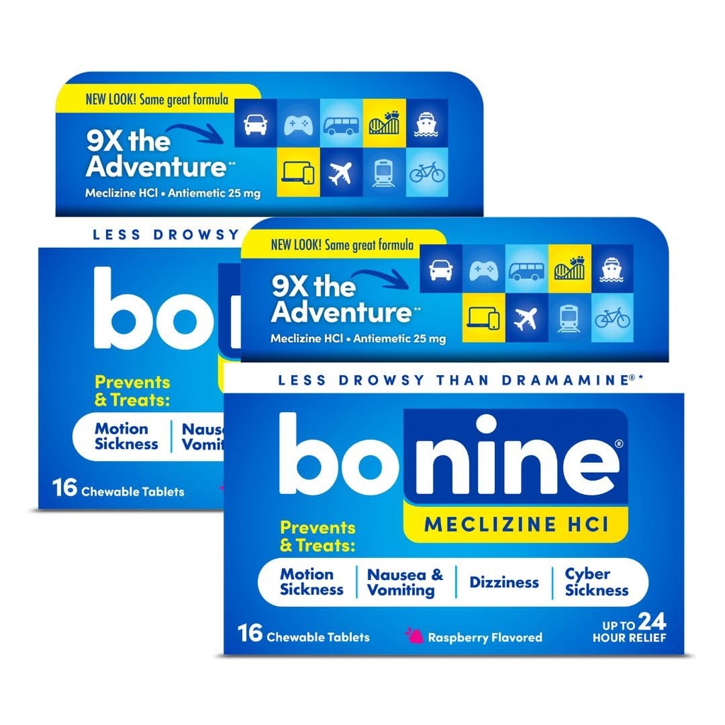 Bonine Non-Drowsy Motion Sykdom Relief - 32 Chewable tabletter med Meclizine HCL 25 mg - Ikke Drowsy Medisin for kvalme eller bevegelsessyke - Cruise Essentials - Raspberry Flavor