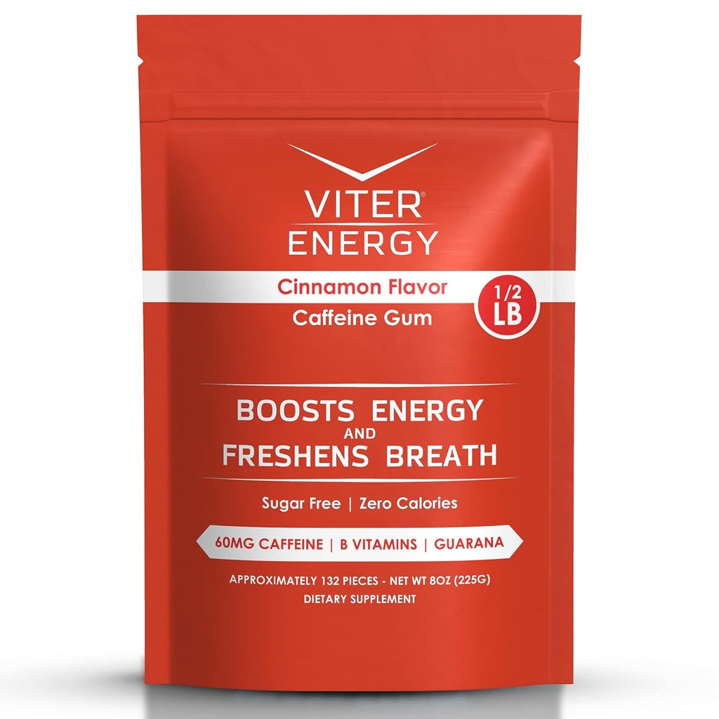 Viter Energi Koffeinert Gum 60 mg Koffein, B-vitaminer, Guarana, Sukkerfri. (Cinnamon, 8oz, bulkpose)