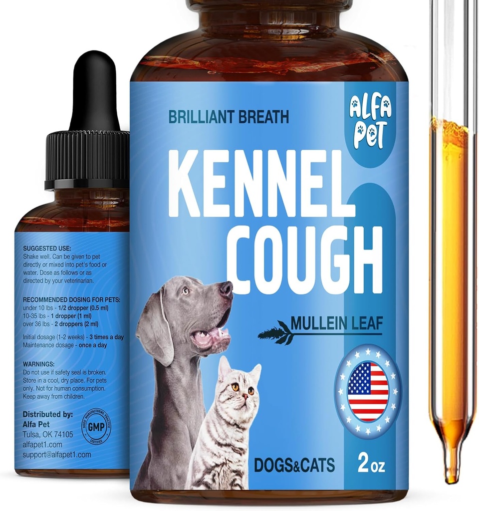Hunde Cough behandling flytende • Kennel Cough for hunder og katter • for å puste i hele livssyklusen • Marshmallow Root + Mullein Leaf i komposisjonen • naturlig kosttilskudd for alle avler • 2 Oz