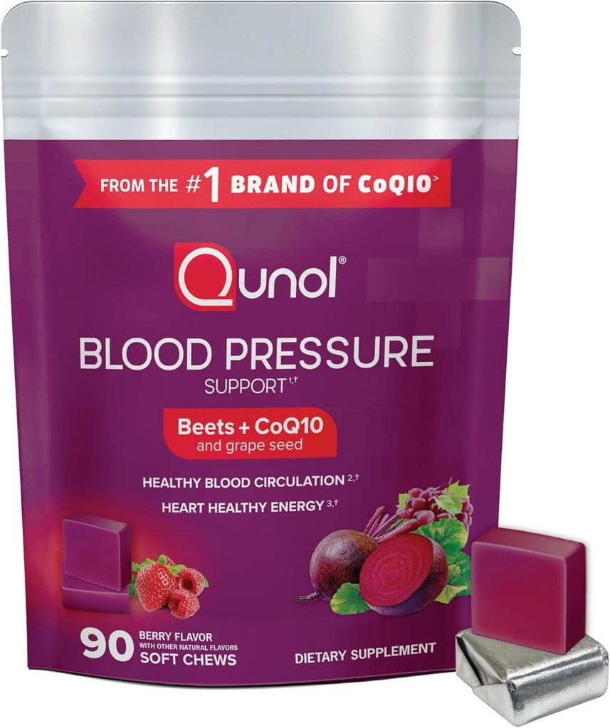 Qunol Beets Chews for blodtrykksstøtte, 3 i 1 betes + CoQ10 + Grape frøekstrakt, støtter sunn blodsirkulasjon og hjerte sunn energi, 90 Chews