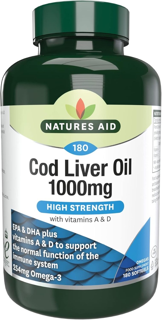 Naturer hjelpe høy styrke cod leverolje 1000mg med vitamin A & D - 180 kapsler