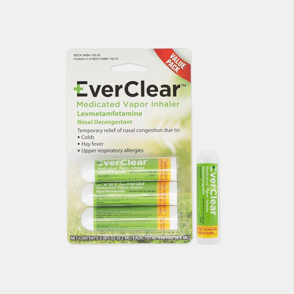 Everclear Medisinert Vapor Inhaler, Nasal Decongestant for kulde, Hay Fever, & Øvre luftveisallergier, 0,2 ml, 3 Pack