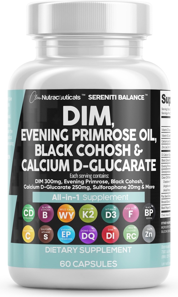 Clean Nutraceuticals DIM Aften Primrose Svart Cohosh Kalsium D-Glucarate Sulforafane Flax Seed Extract - Hormonell støtte Vitaminer for kvinner med Dong Quai - 60 Caps