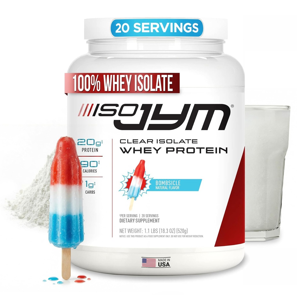 JYM Supplement Science Iso JYM Bombsikle, 90 kalorier, 100% Whey Protein Isolate, null fett, null sukker, blander klart, for kvinner og menn, 20 serveringer