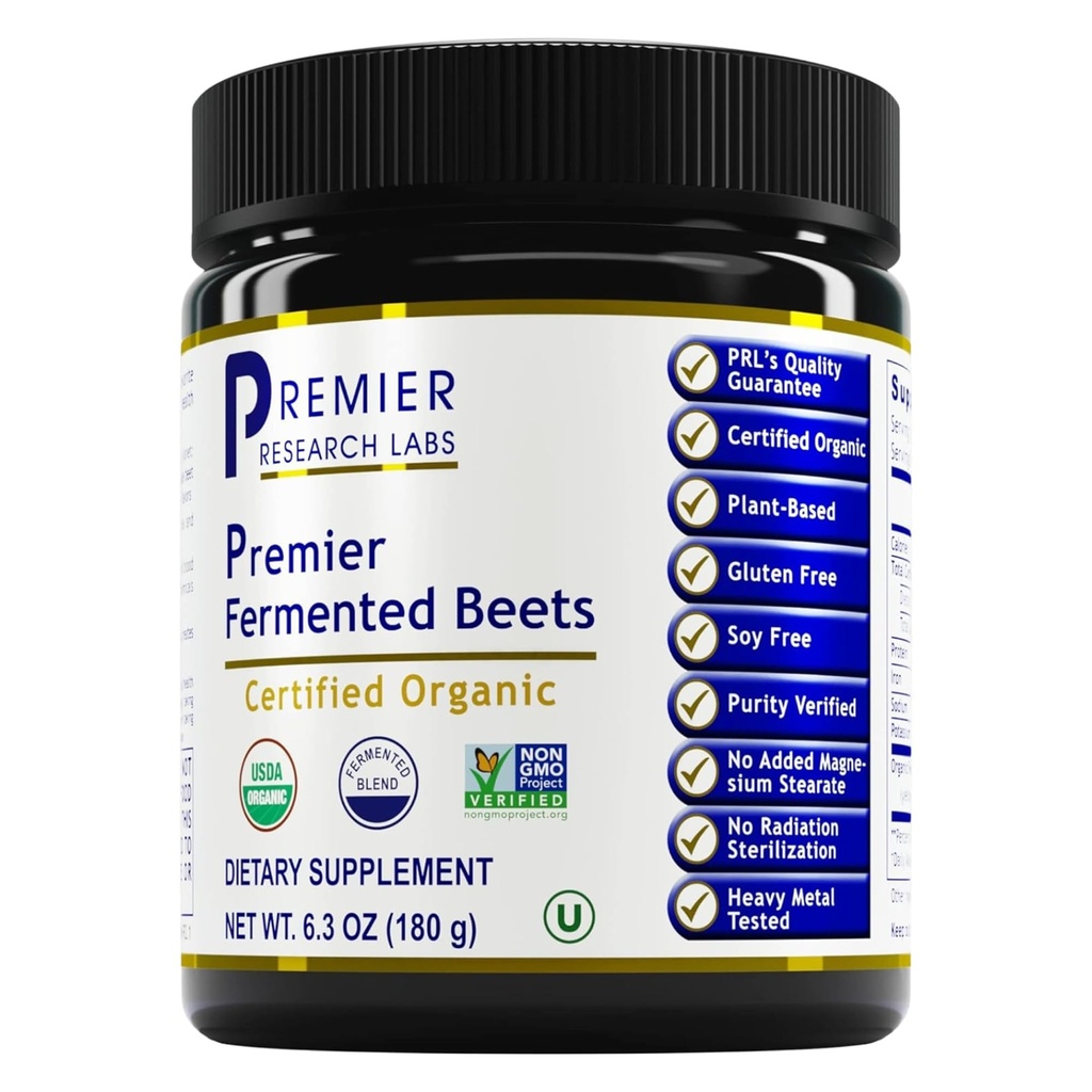 Premier Research Labs Premier Fermented Beets - Beet Root Powder Fermented, Organic Fermented Beets for menn og kvinner, Beetroot, Nitrater, Blodtrykk Support, USDA Organic - 6.3 Oz Jar