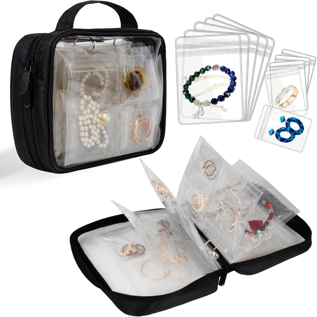Reise smykker Organizer Veske gjennomsiktige smykker Oppbevaring Bok Binder Bag for øredobber, Ringer, halskjede, armbånd, svart