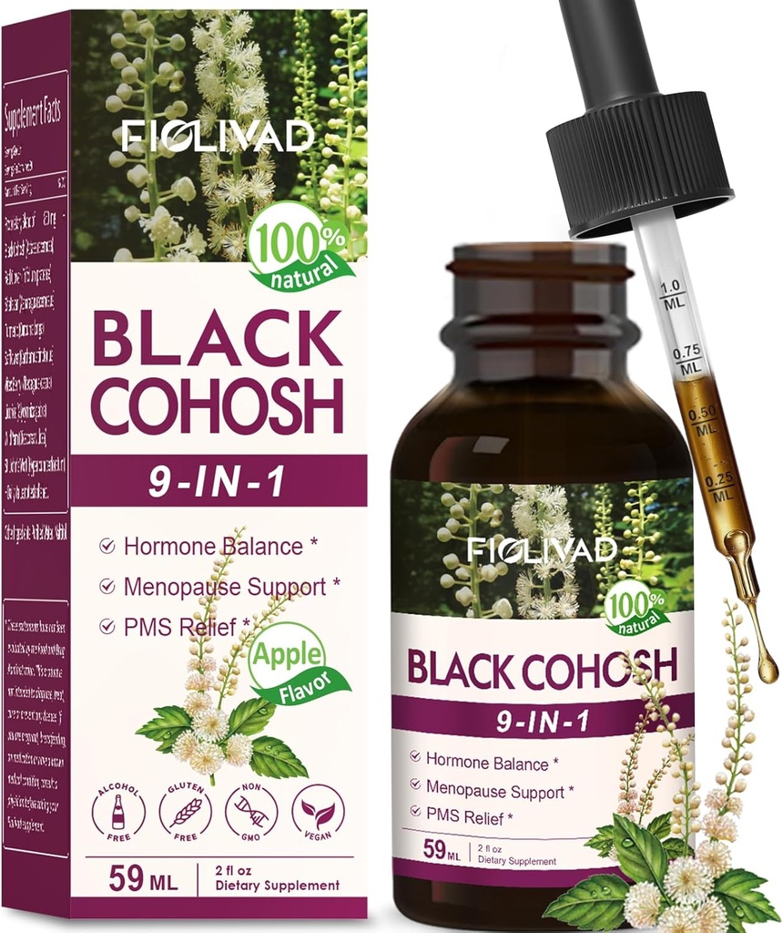 Svart Cohosh Drops, Herbal ekstrakt blanding for hormonbalanse, Menopause støtte & PMS Relief. 2oz-(Apple Flavor)