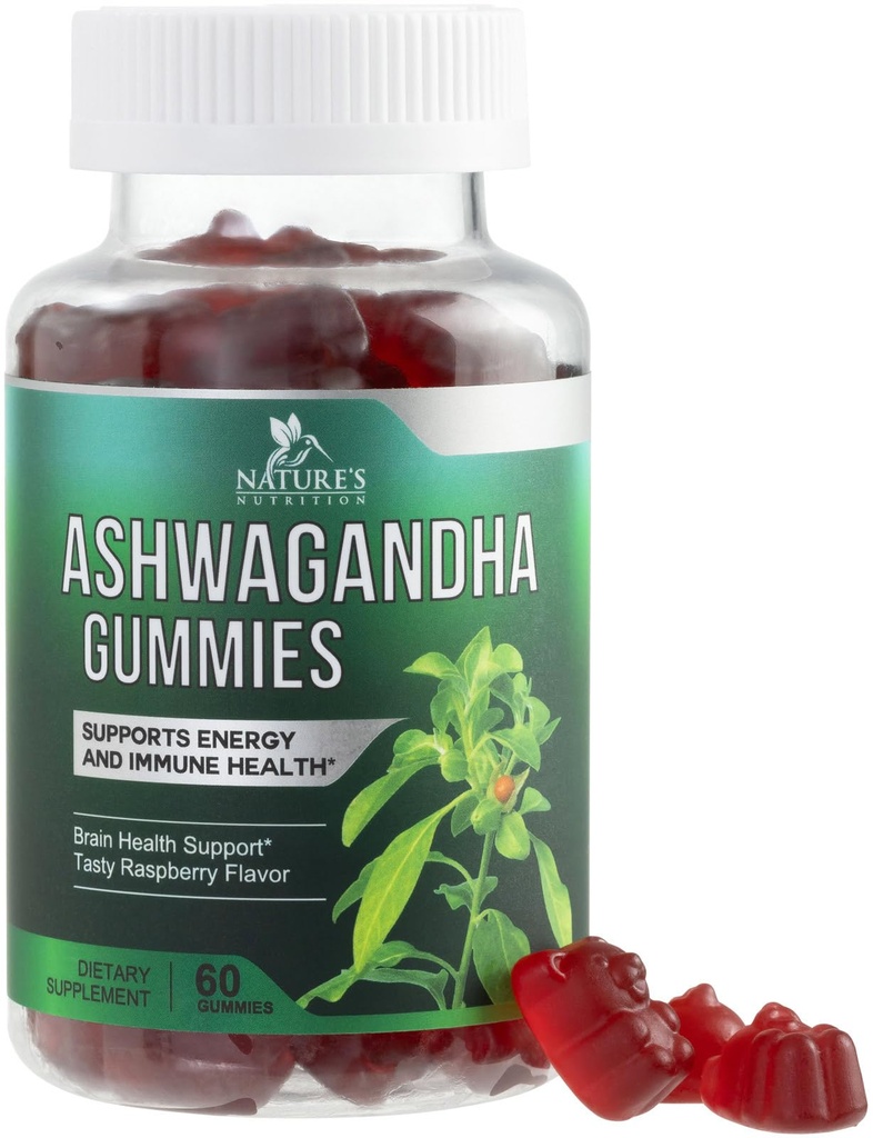 Ashwagandha Gummies 30:1 Ekstrakt fra 3000mg - Vegan, Plante Basert, Ikke-GMO, Glutenfri og Gelatinfri, Ashwagandha Supplement for kvinner & menn, Naturlig ro, Avslapping, og immunstøtte, 60 Gummies