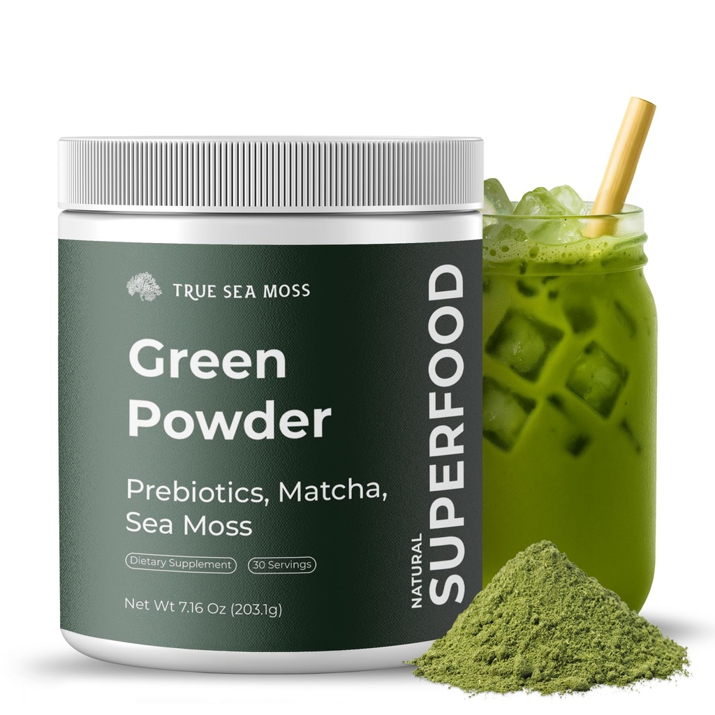 Super Greens pulver med Matcha for Digestive & Gut Health – 25 organiske supermatvarer med probiotika, prebiotika, enzymer & sjø Moss – Vegansk Superfood pulver for å blomstre og regelmessighet - 30 serveringer