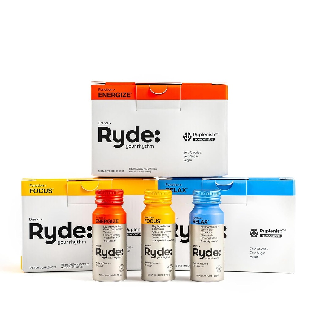 Ryde: Discovery Pack | Energize, Focus & Relax Shots | Grønn Te Koffein, Taurin, Ginseng, B vitaminer, L-Theanine, Lemon Balm, Kamille | 0 kalorier, 0 sukker | Variety Pack - Prøv dem alle (24 Pack)