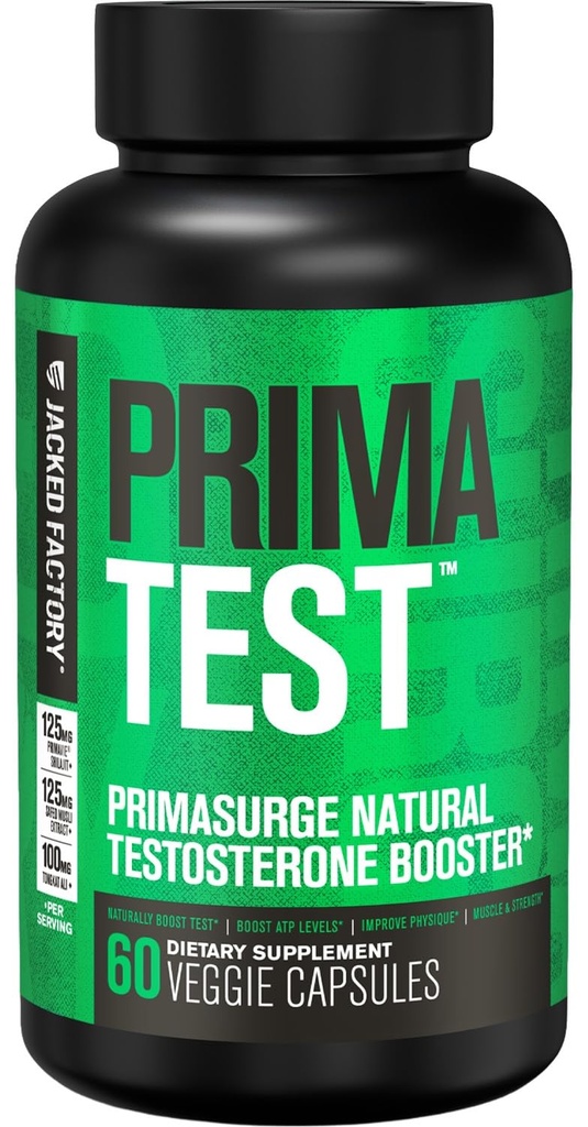 Jacked Factory Testosteron Booster for menn PRIMASURGE - w/Tongkat Ali, PrimaVie, Ashwagandha - Øk vitalitet, Muskelvekst og energi | Naturlig Test Booster Supplement - 60 Veggie Piller