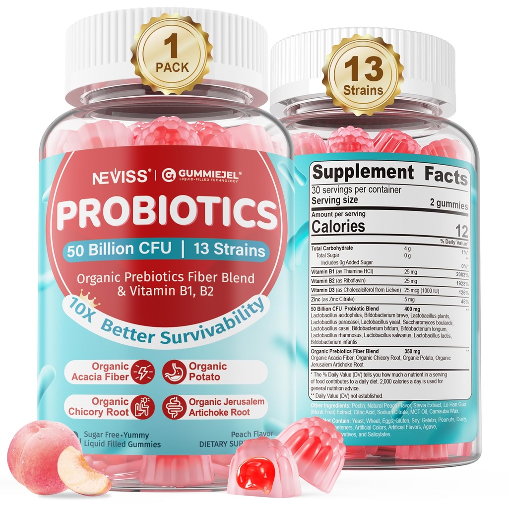 NEVISS Probiotic + Prebiotic Gummies for voksne & barn 4+, sukker gratis Chewable 50 milliarder CFUs w / Fiber, vitamin B1 B2 D3 & Zink, for Digestive & Gut Health, Boost Microflora Diversity, 60 Cts