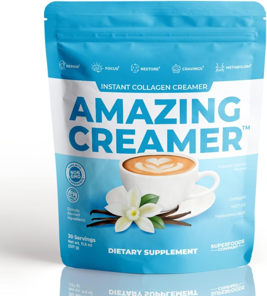 Superfoods Company Amazing Cremer with Collage - Keto Creamer-Hyaluronic Acid & MCT Oil - Brain Boost & Curbs Cravings - Støtter sunn hud & hår - Diett-vennlig [30 Serveringer] [Vanilla]
