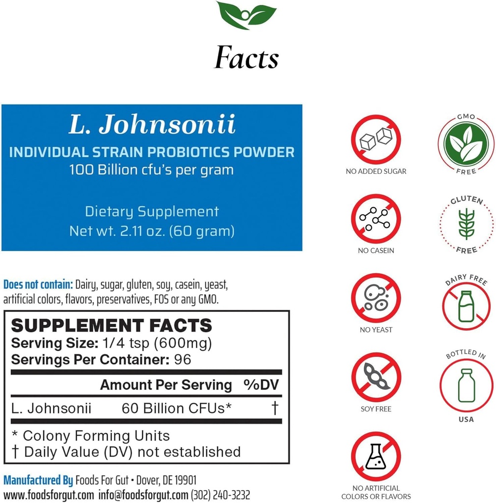 Mat for Gut Lactobacillus Johnsonii Probiotic Powder 100 milliarder cfu's | Ingen additiver | Direkte fra produsenten | Ingen tredjeparts lagring | Immunstøtte | L. Johnsonii | 60 gram (2.11 Oz)