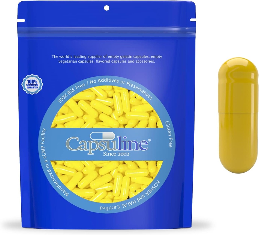 Farget Størrelse 0 tomme gelatinkapsler av Capsuline - gul / gul 10000 greve |Kosher & Halal sertifisert |Glutenfri