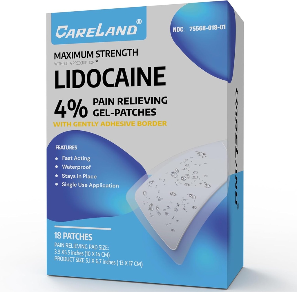 CARELAND 4% Lidocaine Patches 18 stk Vanntett Maks styrke tilbake Smerte Relief Produkter Patches med sterk klebrig grense, for hals Knøye skulder smerte relief muskel relaxer, super klebrig