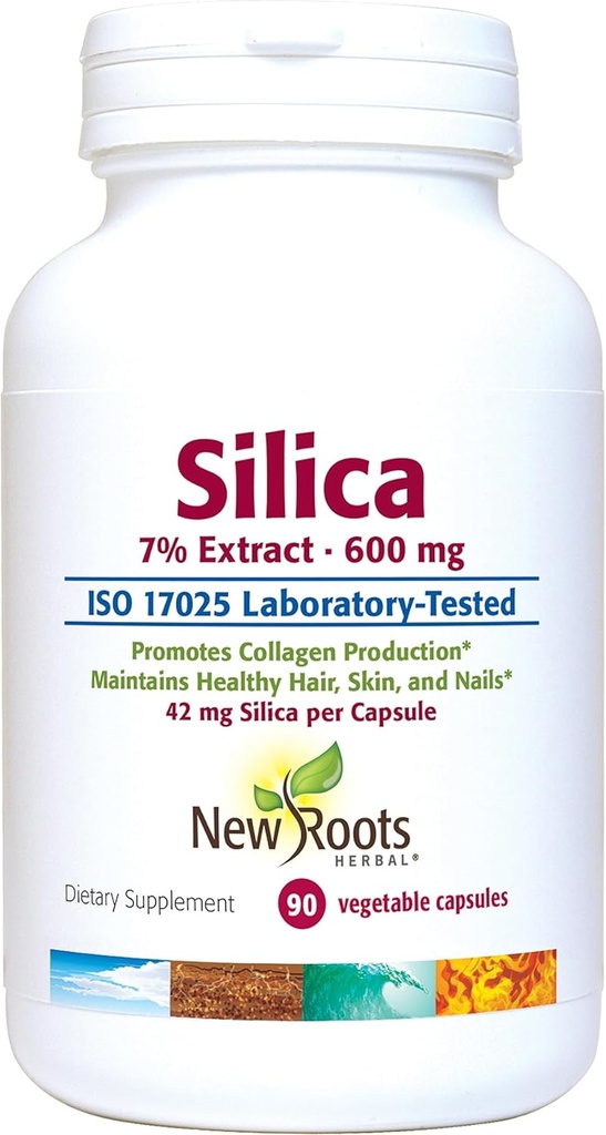 Silica 7% Extract Supplement (90 Capsules) - 600 mg per kapsel - Silica Supplement - Støtte Hår Nagel og hud ® NEW ROOTS HERBAL