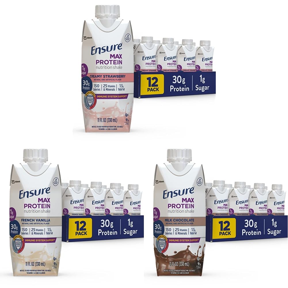 Ensure Max Protein Nutrition Shake, 11 fl oz, 12 Count & Max Protein Nutrition Shake, 11 fl oz (Pack of 12) & Max Protein Nutrition Shake with 30g of Protein, 1g of Sugar, 11 Fl Oz (Pack of 12)