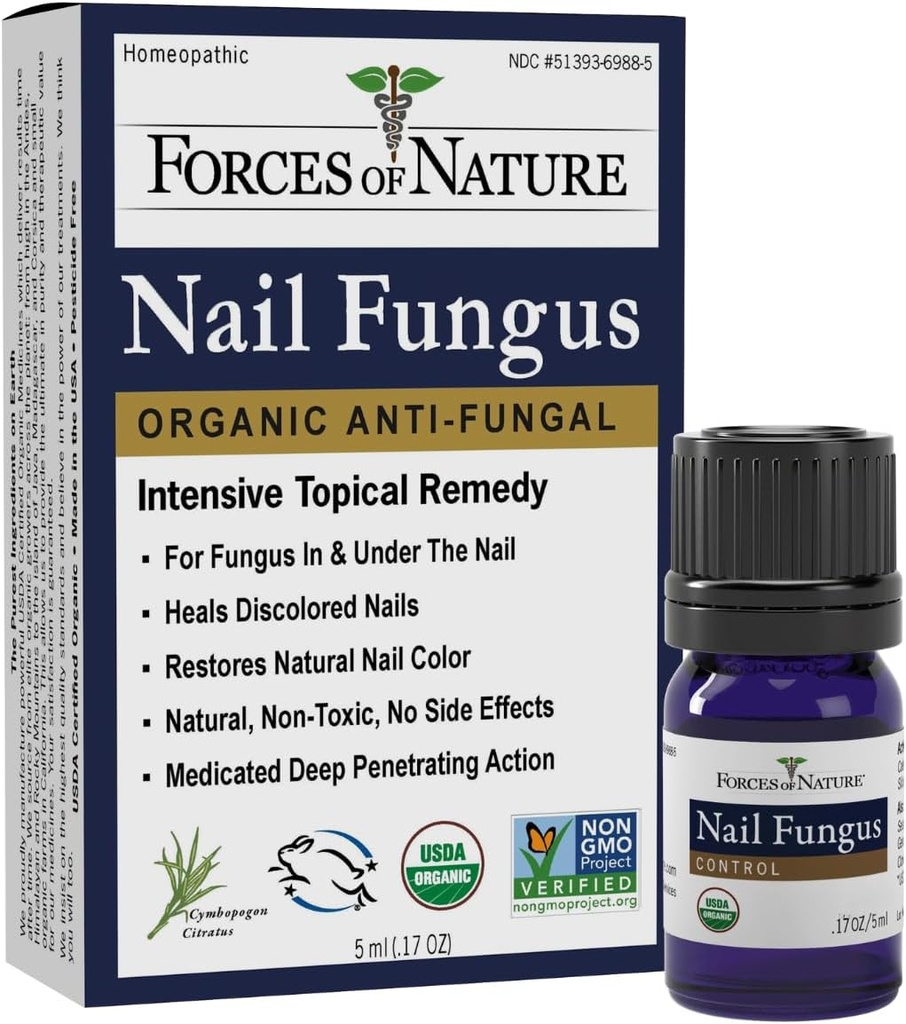 Forces of Nature Toenail Nail Fungus behandling, organiske antifungal gjenoppretter utseendet av tånegler og negler, homøopatisk medisin for brakket, tørr, skadet og misfarget negler, 0.17 FL OZ