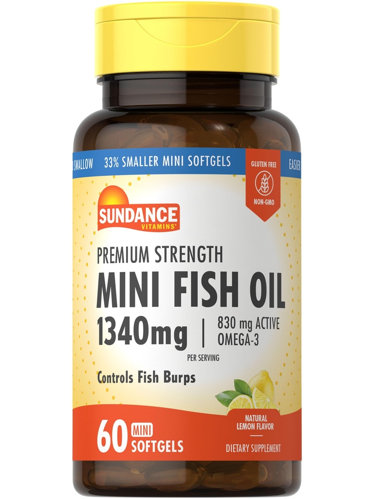 Sundance Mini Fish Oil Softgels 1340 mg | 60 greve | Kontroller Fisk Burps | Premium styrke formel med Omega-3 | Naturlig sitronflavor | Ikke-GMO og Glutenfri supplement