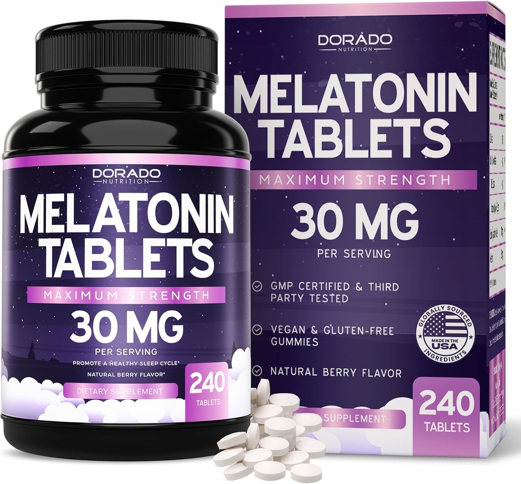 Melatonin 30mg Tabletter for voksne (240 tabletter) - Rask oppløselig tablett med 30 mg Melatonin per tablett - Glutenfri, ikke-GMO, 100% vegetarisk, & Great Tasting - Blandet Berry Flavor - laget i USA