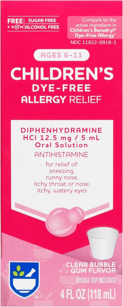 Rite Aid Barneallergi Relief, Diphenhydramine HCI, Bubble Gum Flavor, 12,5 mg - 4 oz Antihistamine | Barneallergi medisin | Allergi medisiner