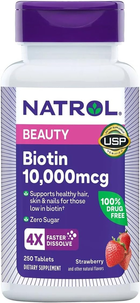 Natrol Biotin 10000 mcg, Jordbær Flavor, Fast Oppløselige tabletter, Ekstra styrke, 250 teller