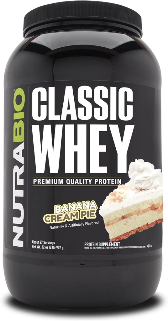 NutraBio Classic Whey Protein pulver- 25G Protein Per Scoop - Full-Spectrum Amino Acid Profile - Ingen fyllemidler, kunstige farger, preservatives - (Banana Cream Pie, 2 pund)