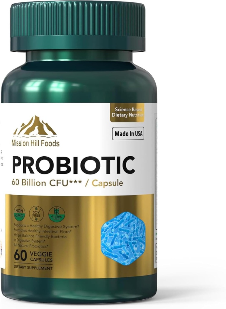 Probiotika 60 milliarder CFU | Støtter Digestiv & Immune Helse (1 flaske-60 kapsler-2mo Supply) | Inneholder 7 naturlige probiotiske strimler | Ikke-GMO Gluten & Soya Gratis