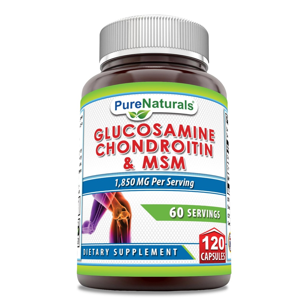 Pure Naturals Glukosamine Chondroitin & MSM Supplement | 1850 Mg per servering | 120 kapsler | Ikke-GMO | Glutenfri | laget i USA