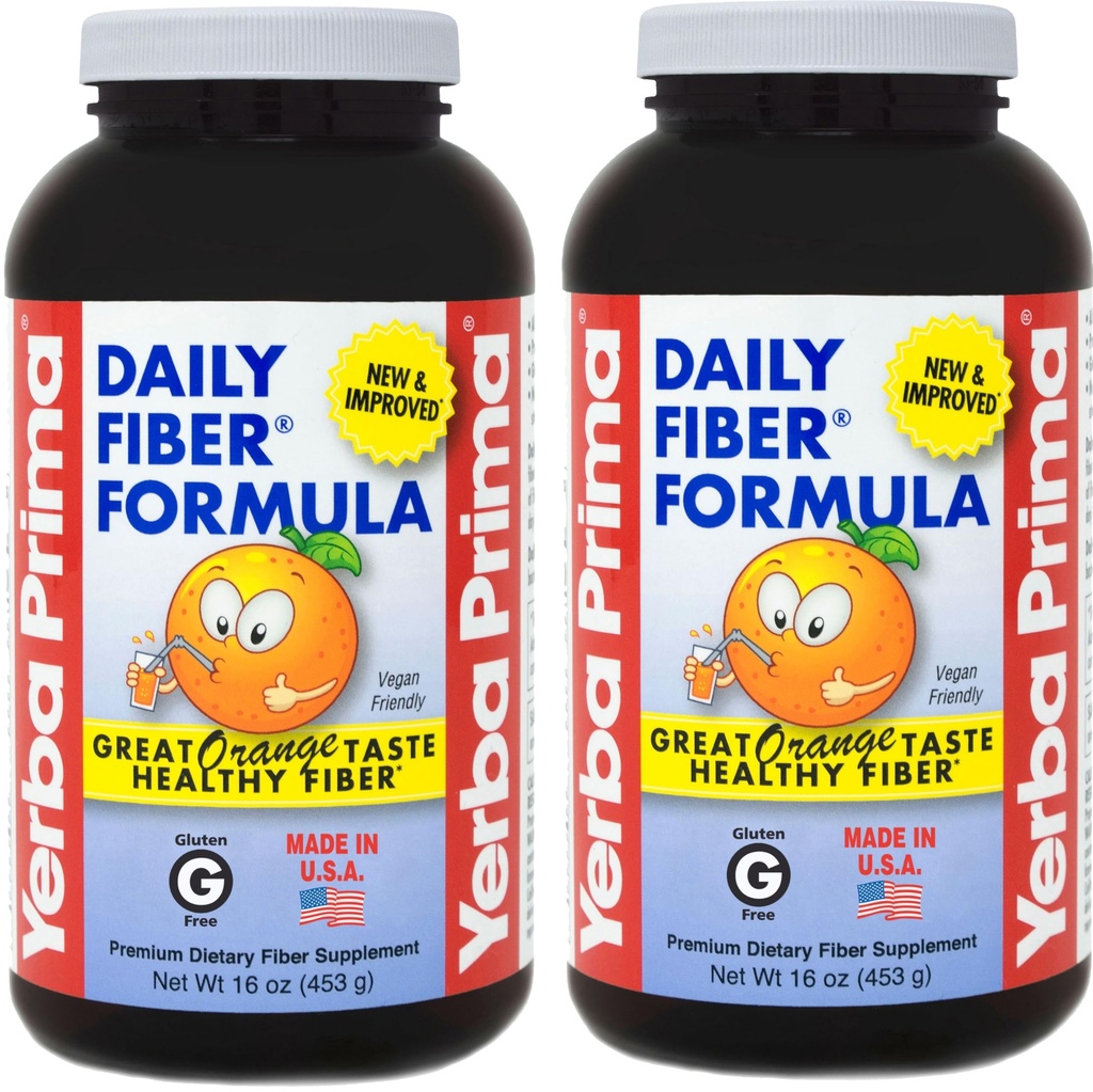 Yerba Prima Daily Fiber Formula 16 oz (Pack of 2) - Premium Dietary Fiber Supplement, Ikke-GMO, Glutenfri, laget i USA, Orange Flavor