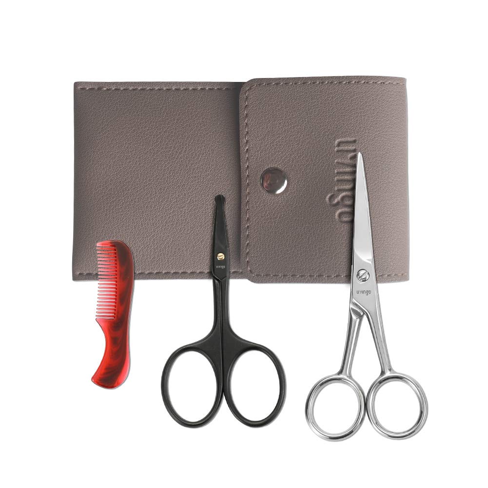 LIVINGO 4,5 tommer Skjegg & Mustache Scissors for menn, Profesjonell rundet tip sikkerhet Sharp rustfritt stål liten skjønnhet ansiktssnose hår trimming skjæresett med mini Comb og skinn saken