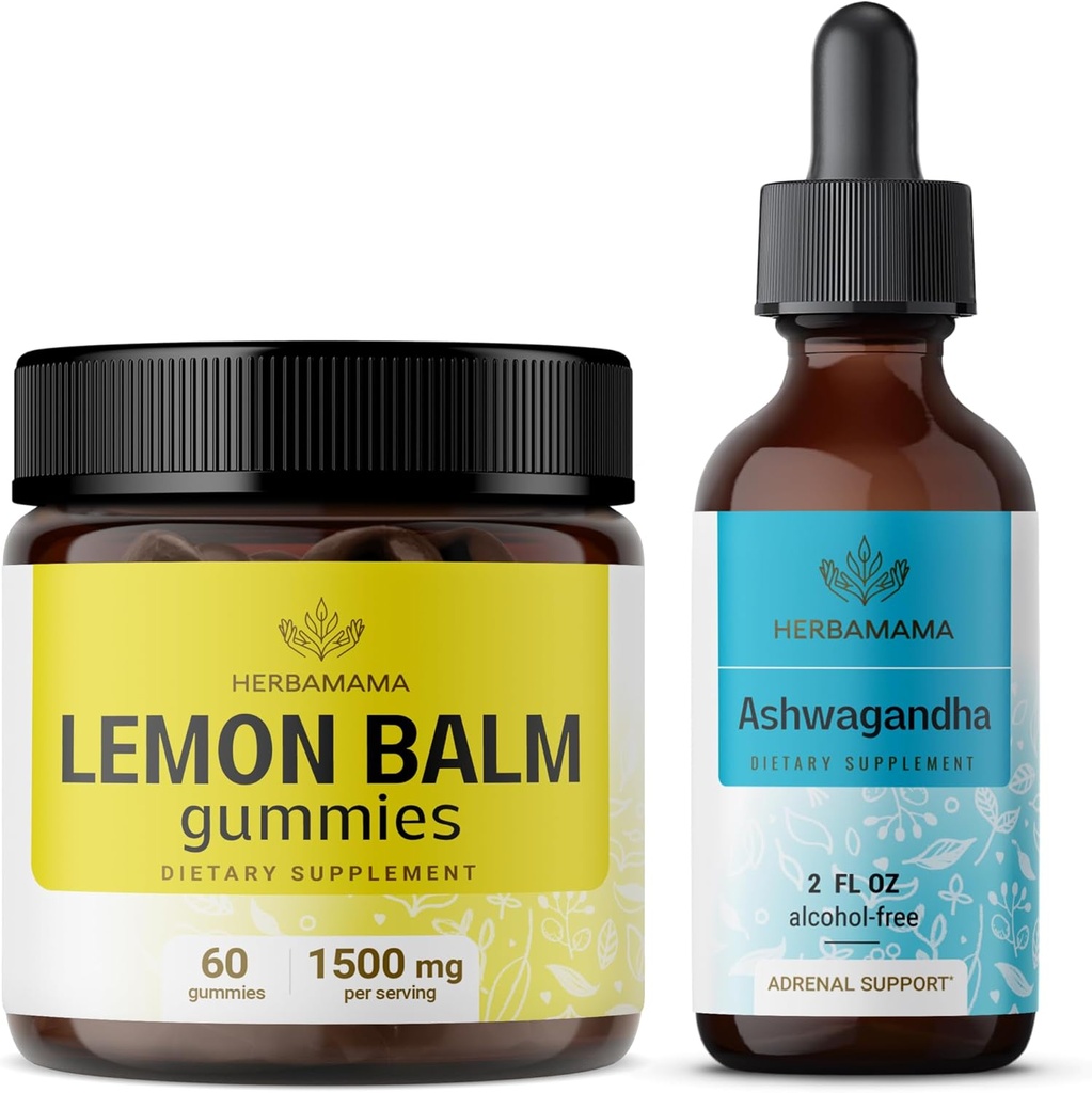 HERBAMAMA Lemon Balm og Ahwagandha Kit - Bundle of Lemon Balm Gummies & Ashwagandha flytende drops 2 fl oz - Vegansk, ikke-GMO, alkohol og gelatinfri - 2 pakke