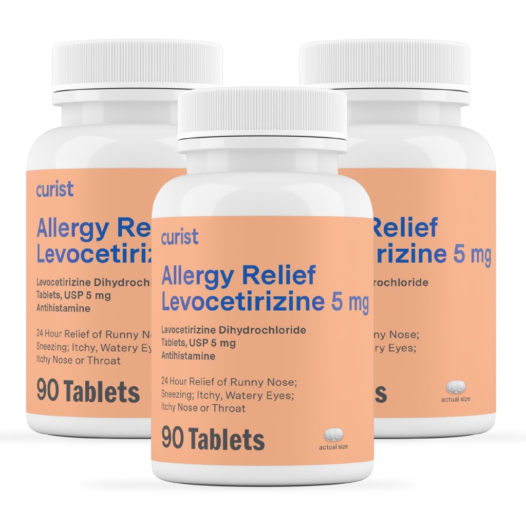 Curist Generic Levocetirizine Dihydroklorid 5 mg bulk (270 tabletter), Allergi piller, 24 timers Allergi Relief - Allergi medisin (3 pakker med 90 tabletter)