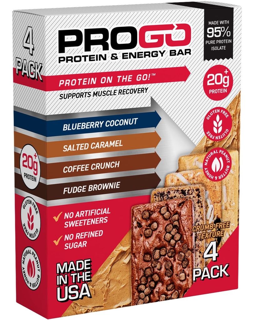 ProGo Protein Bars, Lav Sukker, Høye Protein Snacks (opp til 21g) - 95% ren isolasjon for raskere muskelvekst og gjenoppretting, lav kalorie, søtet w/Peanut Butter & Rå Honning (4-fylke, Starter Pack)