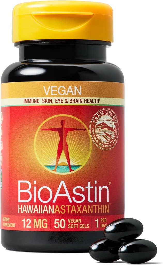 Nutrex Hawaii Vegansk BioAstin Hawaiian Astaxanthin - 12mg, 50 Softgels - Farm-Direct Premium Antioksidant Supplement for å støtte øye, hud, felles og immunsystem helse - Vegansk, ikke-GMO & Glutenfri